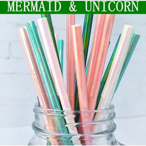 100pcs Mix Colors Iridescent Mermaid Unicorn Party Paper Straws,Plain Solid Green White Blue Pink Rainbow Foil,Wedding Pearl