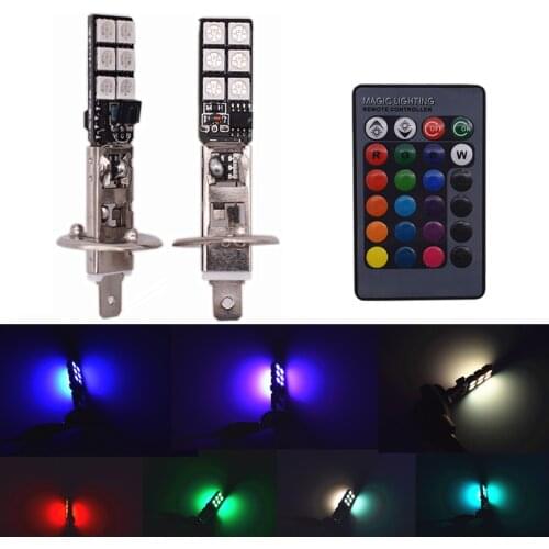 2pcs Car Styling RGB LED Auto Car Headlight H1 5050 LED 12 SMD RGB Fog Lights Decoration Lamp Bulb With Remote Control 12V