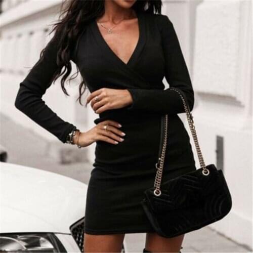 2021 Spring Trend Womens Long Sleeve V-neck Party Sweater Short Mini Dress Jumper Mini Dress Winter V-neck Party Dresses