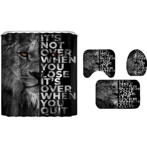 Head of Ferocious Lion Shower Curtain 4 PCS Toilet Lid Cover Anti-Slip Soft Rugs Bath Mat Kids Bathroom Set Home Decor