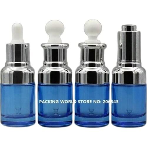 30ml blue glass dropper bottle with silver shoulder and silver collar white bulb for oil/serum/essence/liquid dropper bottle