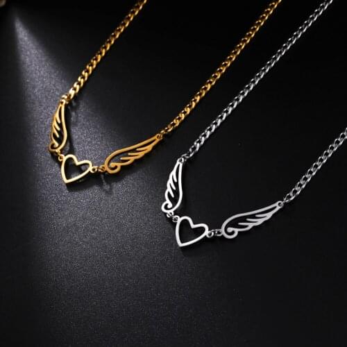 Cazador Angel Wings Pendant Cuba Chain Necklaces Stainless Steel Heart Necklace Gold Color Jewelry for Women Birthday Gift