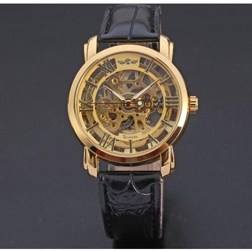 WINNER New Golden LUXURY Skeleton Automatic Mechanical Watch Quality Alloy Case Clock Fashion Casual Leather Wrist Watch