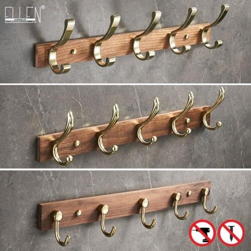 ELLEN Bathroom Robe Hook Wood Hanger Gold Brushed 3- 6 Hooks Door Hanger Cloth Towel Holder ELB12