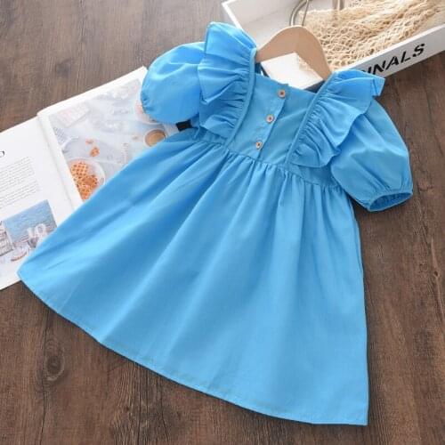 Kids Girls Summer Blue Dress Children Ruffles Princess Costumes Baby Casual Puff Sleeve Clothes Lovely Party Clothing 2-7 Years
