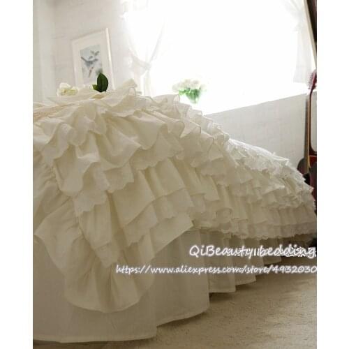 Elegant pure color beige lace and bowknot bed skirt cotton pink princess duvet cover comfortable bedding
