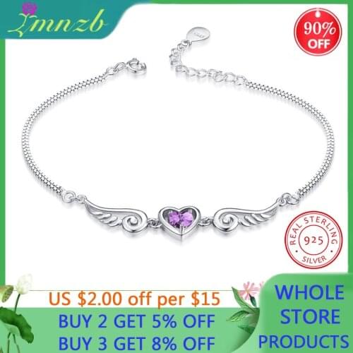 Hot Selling 925 Sterling Silver Cute Bracelets For Women Purple Love Heart Angel Wings Charms Bracelets Gift Wedding Jewelry