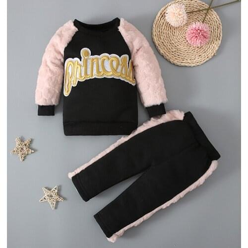 FOCUSNORM 2 Colors Autumn Winter Baby Girls Clothes Sets Letter Printed Fur Plush Long Sleeve Sweatshirt Tops Pants 0-4Y