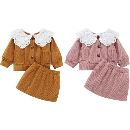0-3Years Baby Girls Clothes Sets 2021 Autumn Winter Lace Floral Doll Collar Tops Coats + A-Line Mini Skirt Casual Toddler Outfit