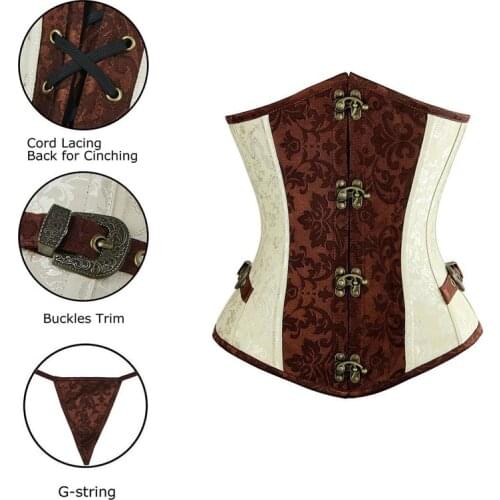 Gothic Steampunk Tummy Corset Shape Waist Trained Bustier Retro Lace Up Floral Jacquard Underbust Corsets For Women