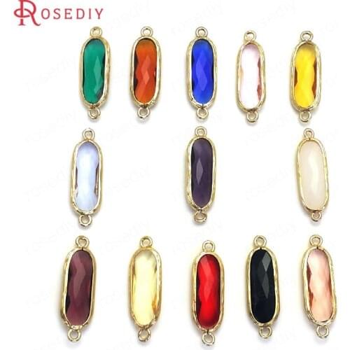 C593)10 pieces 29x9mm 24K Champagne Gold Color Brass and Glass 2 Holes Rectangle Connect Charms Pendants Findings Accessories