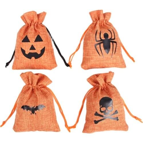 12pc Pumpkin Bat Pattern Linen Drawstring Bags Biscuit Candy Bag Halloween Decoration Props Sugar Food Storage