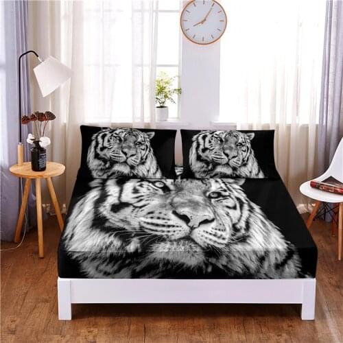 Tiger Digital Printed 3pc Polyester Fitted Sheet Mattress Cover Four Corners with Elastic Band Bed Sheet Pillowcases