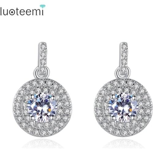 LUOTEEMI New Simple Elegant Stud Earrings for Women White Gold-Color Clear Cubic Zircon Crystal Ear Jewelry for Girl Brincos