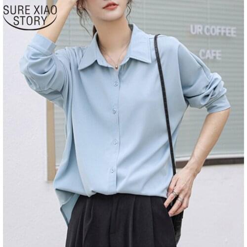 Autumn Long Sleeve Shirts Office Lady Solid White Blue Shirt Casual Loose Clothing Women Vintage Simple Blusa Mujer Blouse 16862