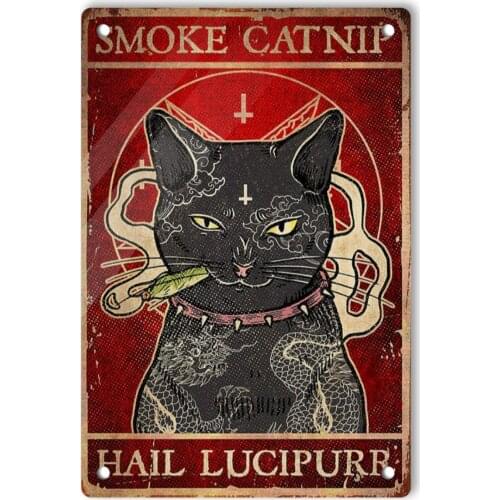 Cat Smoke Catnip Hail Lucipurr Poster Vintage Tin Signs, Retro Sign Wall Art Decor Funny Gifts Poster for Men Cave Home Bar Pubs