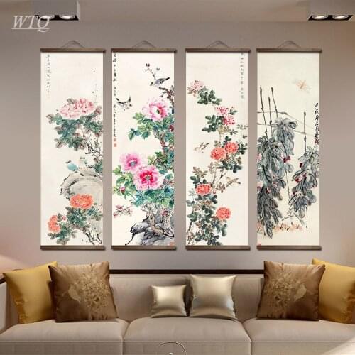 Chinese Style Retro Posters Flower Green Plants Canvas Painting Wall Decor Posters Wall Art Picture Room Decoration Home Decor