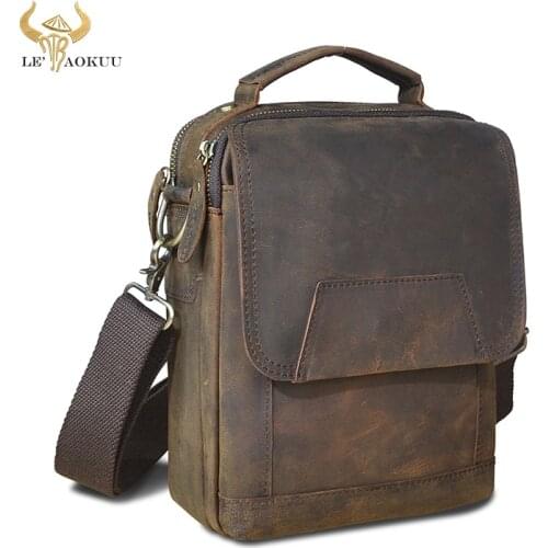 Crazy Horse Leather Male Fashion Casual Tote Messenger Mochila bag Design 8" Tablet Satchel Cross-body Shoulder bag For Men 150