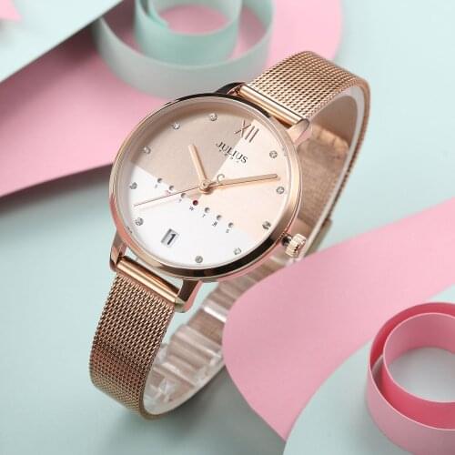 Auto Date&Week Stainless Steel Simple Womens Watch Japan Quartz Hours Fashion Clock Bracelet Girls Birthday Gift Julius Box