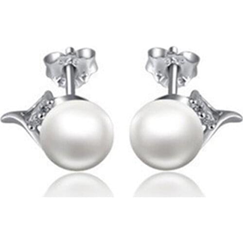 925 sterling silver pearl jewelry stud earrings 7mm semi round pearl cloves design setting CZ stone jewelry earring