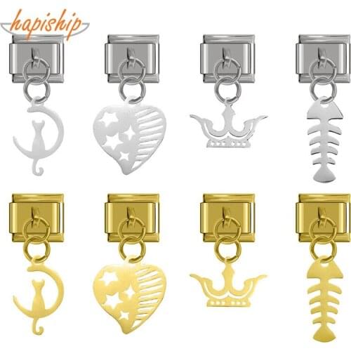 Hapiship Top New Hot Original Daisy Heart Fish Cat Moon Crown Charm Links Fit 9mm Bracelet Stainless Steel Jewelry Making DJ258