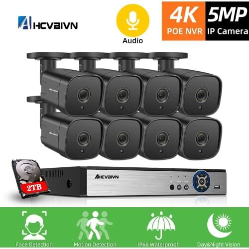 AHCVBIVN 4K POE NVR Kit 8CH 4CH 5MP POE Camera System Human Detection Audio Record IP Camera Outdoor Security Video Surveillance