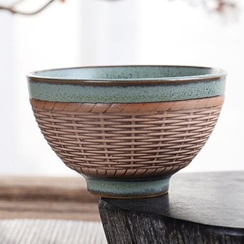 Vintage Tea Master Cup Bamboo Basket Coarse Pottery Tea Cup Ruyi Handmade Teacup Gift