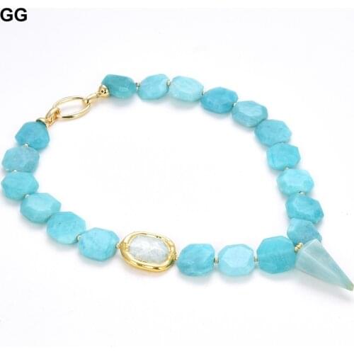 GuaiGuai Jewelry Natural Blue Amazonites Chunk Nugget Gold Plated Beads Choker Necklace Amazonite Pendant 18" For Women