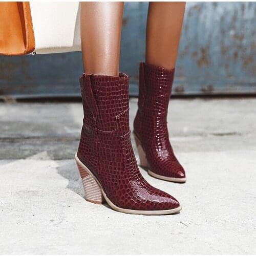 Yellow womens boots crocodile high heeled Knights' boots thick heel pointed top medium boots large 44 45