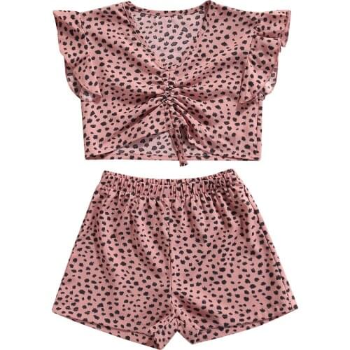 2Pcs Kids Summer Outfit Girls Leopard Print V-Neck Ruffled Drawstring Tops Elastic Waist Shorts