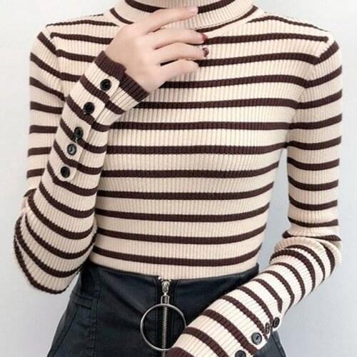 Women Spring Winter Style Knitted Sweater Pullovers Lady Casual Striped Printed Turtleneck Long Sleeve Pullovers Tops ZZ0015
