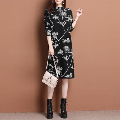 Vintage Knit Dress Women Autumn Winter Half High Neck Loose Elegant Casual Thicken Sweater Knee Length Dress 2021 Female Clothes