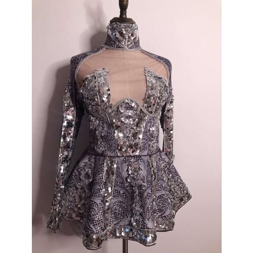 2021 Drag Queen Costume Sparkly Siver Sequin Short dress See Through Mesh Nightclub Modern Singer Stage Wear Party Prom Dress