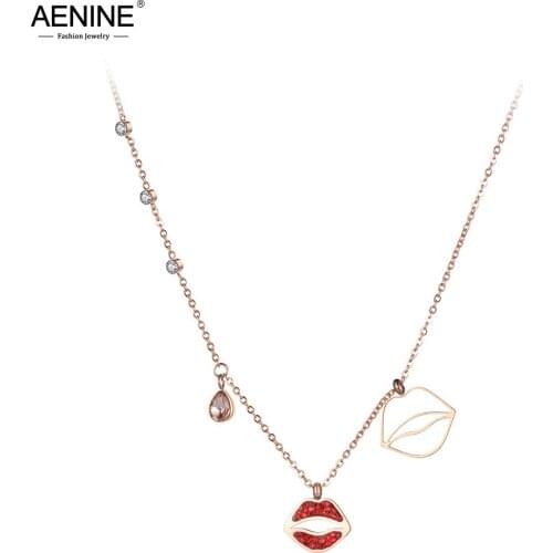 AENINE Bohemia Red Rhinestone Lips Charm Necklaces For Women Girls Rose Gold Stainless Steel CZ Crystal Pendant Jewelry AN19033