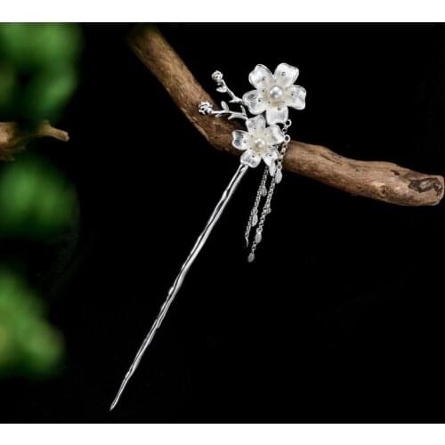 925 Sterling Silver Sticks For Hair Hanfu Wedding Accessories Jewelry Hairpin Retro Pearl Cherry Feminine Bride Decoration Fixed