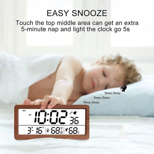 Digital Alarm Clock, Electronic LCD Time Display Wooden Desk Clock, Humidity & Temperature Electric Clocks for Bedroom