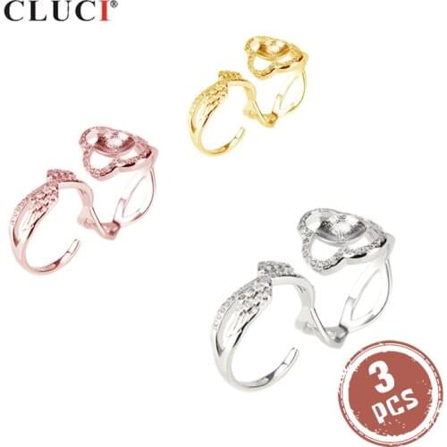 CLUCI 3pcs Silver 925 Round Zircon Ring Settings for Women 925 Sterling Silver Adjustable Open Ring for Pearl Jewelry SR2022SB