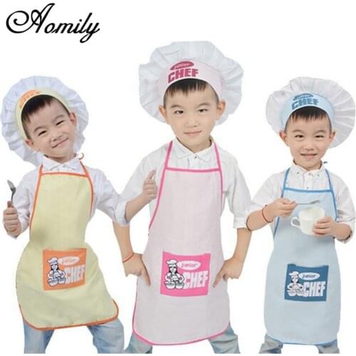 Aomily 1 Set Polyester Kids Apron and Chef Hat Child Cooking Baby Apron Junior Chef Cook Apron Painting Apron Family Supplies