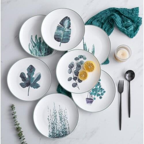 Nordic Ceramic Plates Creative Green Plant Pattern Food Salad Steak Breakfast Round Dishes Quality Home Decoration Tableware