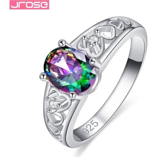JROSE Love Heart Simple Jewelry Oval Cut Rainbow & Blue & White Cubic Zircon Silver Ring Size 6 7 8 9 10 Gorgeous Fashion Gifts