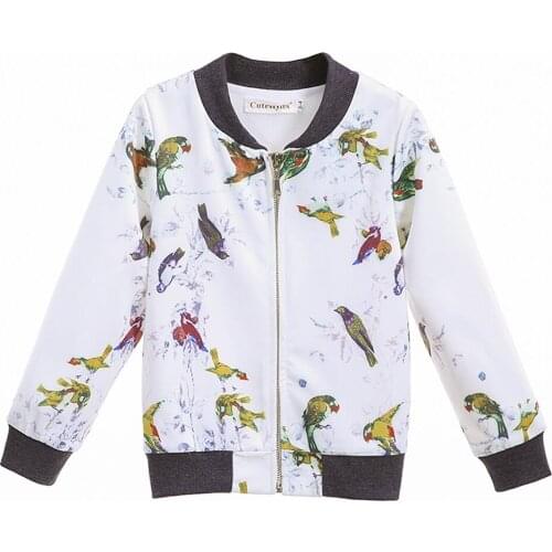 2021 Autume White Jacket for Boy Kids Outfit Zippered RoundNeck Bird Animal Printed Size 3 5 7 9 Years Old Outdoor Cool