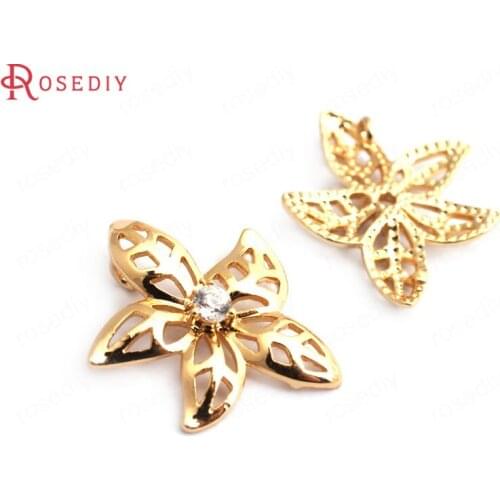 34918)6PCS 19x17MM 24K Gold Color Brass with White Zircon Flower Charms Pendants High Quality Diy Accessories Jewelry Findings