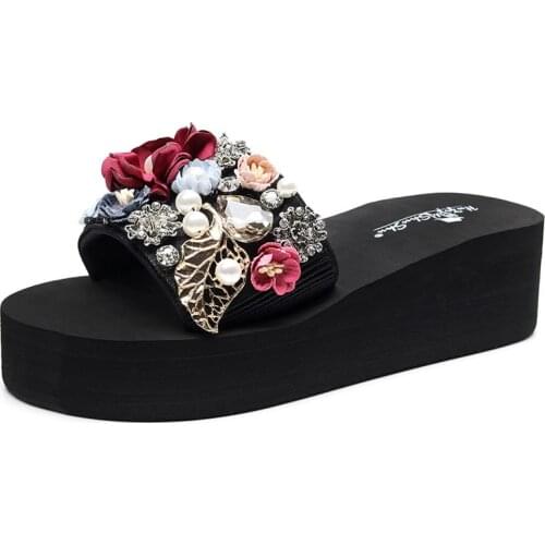 Summer Womens Shoes High-heeled Sandals Thick-soled Soft Flip Flops Non-slip Flowers All-match Fashionable Beach Funny Slippers