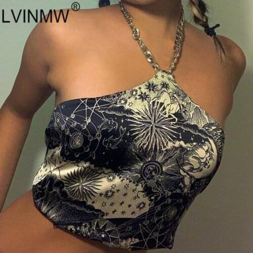 LVINMW Halter Metal Chain Sleeveless Printed Retro Slim Crop Top Patchwork Backless Fashion Sexy Tank Tops Women Club Party
