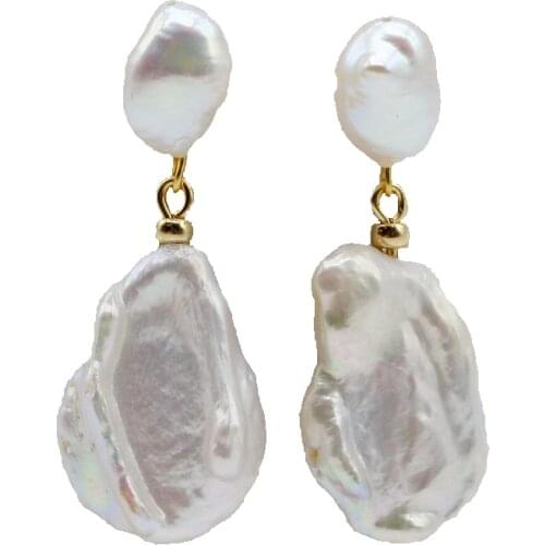 Fashionable ladies earrings, white baroque pearls, flat coin shape, short earrings, pearl earrings