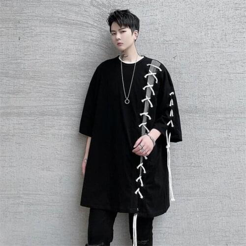 Lacing Up Drawstring Patchwork Oversized Short Sleeve T shirt Men Harajuku Punk Hip Hop Tshirt Gothic Street Style Tops