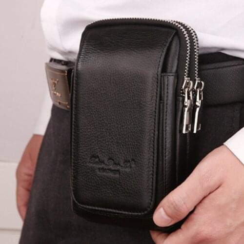 Men Genuine Leather Waist Pack Bag Double Zipper Wallet Cell/Mobile Phone Pocket Cigarette Case Coin Purse Male Fanny Money Bags