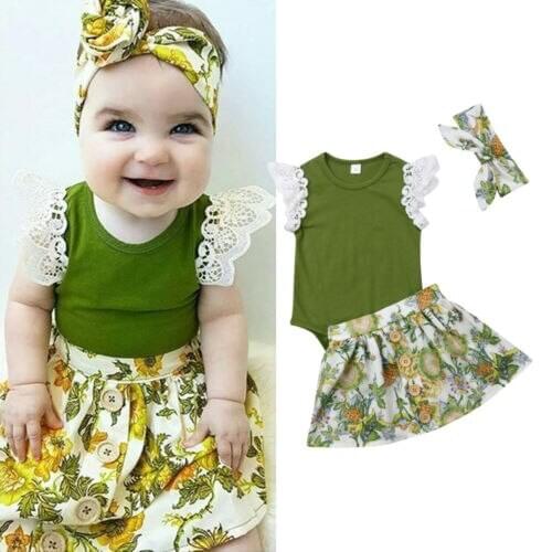 3PCS Toddler Kids Baby Girl Clothes Lace Green Tops Romper+ Floral Tutu Skirt+Headband Outfits Summer Baby Clothing