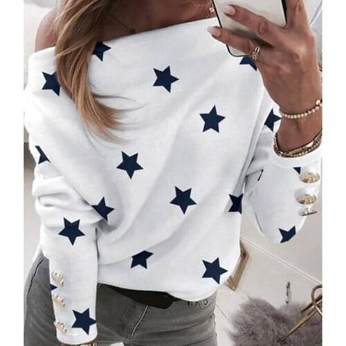 Sexy Off Shoulder Star Print Shirt Tops Women Skew Collar Casual Long Sleeve Blouse Spring Sweatshirt Blusa Pullover Streetwear
