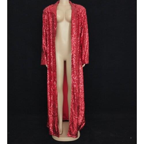 2020 New Red Silver Sequins Long Coat Overcoat Cloak Female Singer Host Stage Wear Bar Nightclub Concert Performance Costume